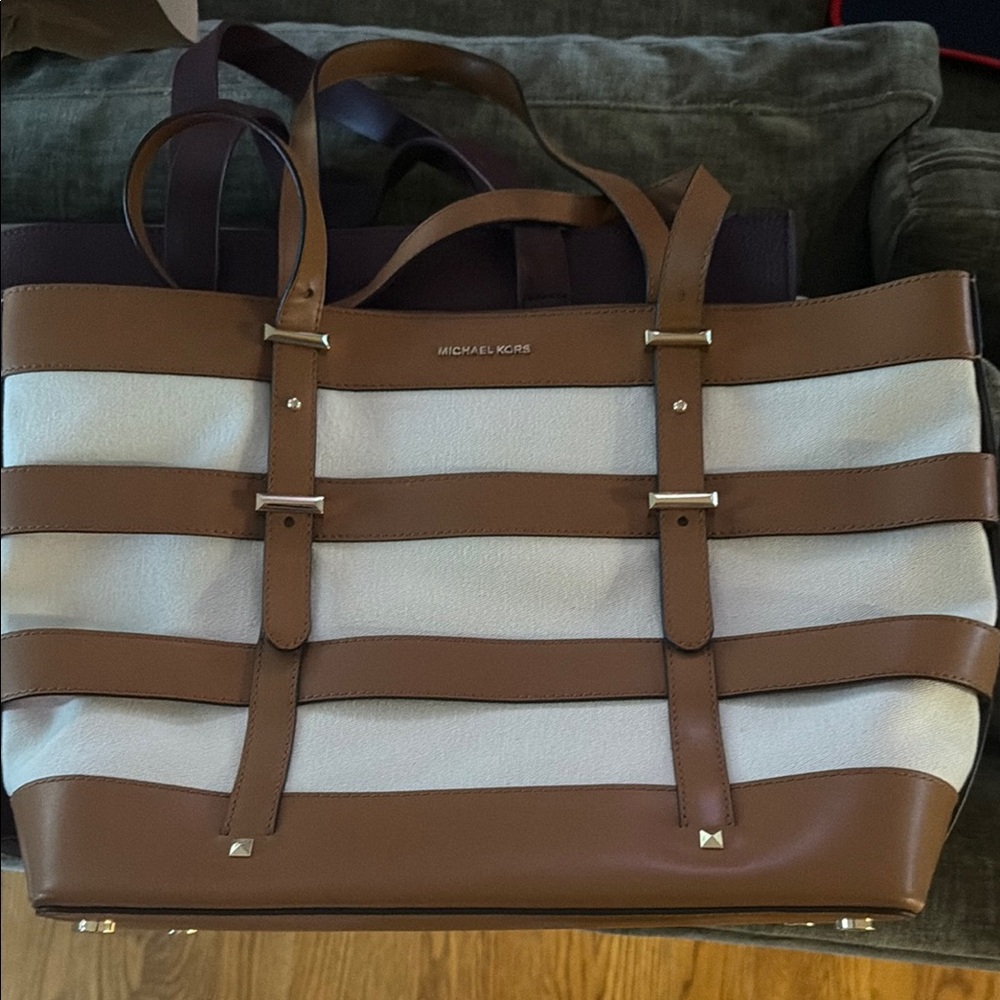 Michael Kors White Canvas and Brown Leather-Strap Tote